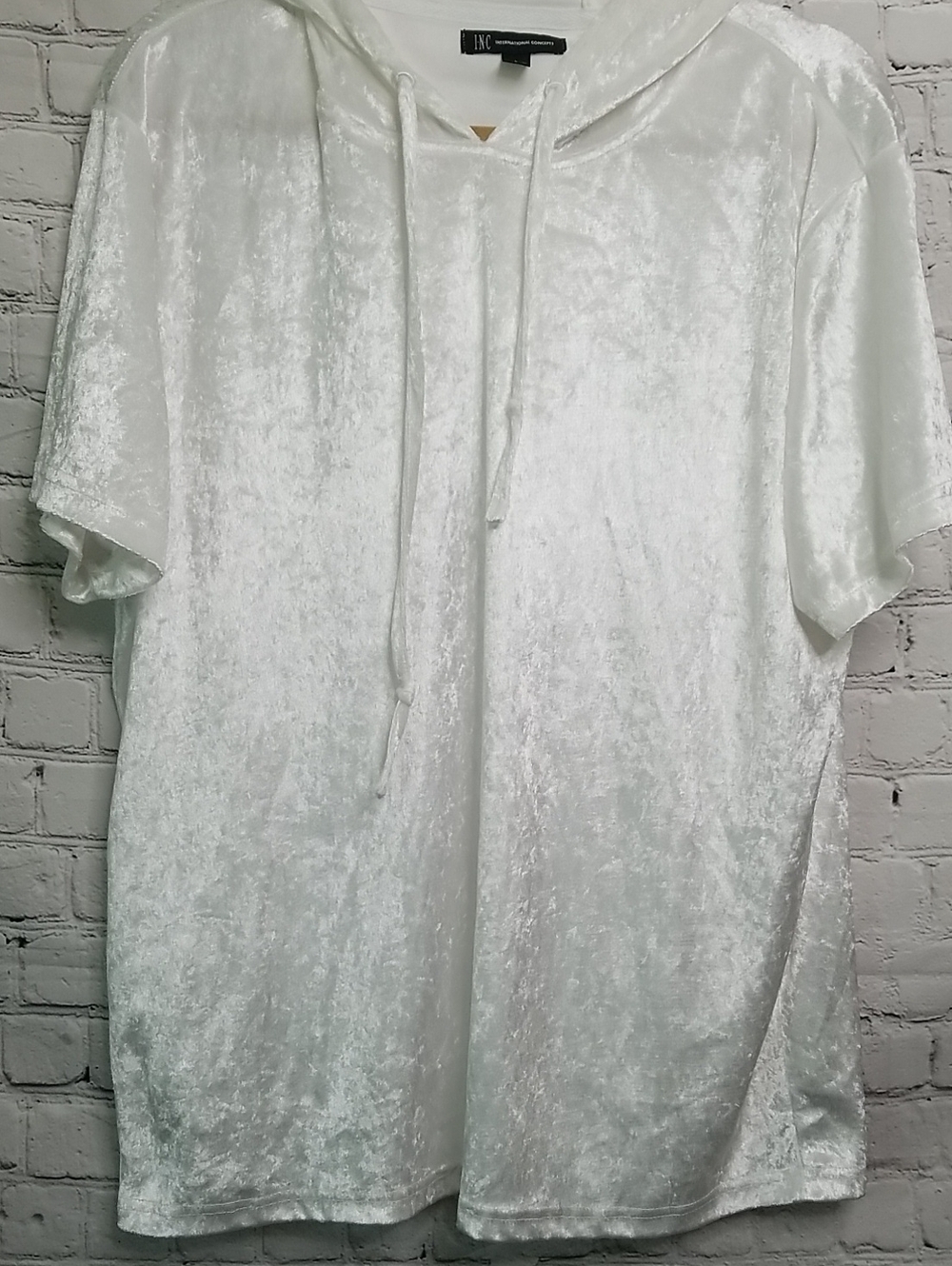 I.N.C. White Crushed Velvet Short Sleeve Hoodie Top Large